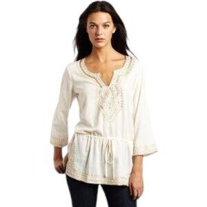 Lucky Brand Embroidered Blouse Women Medium Cream Gold Cotton Boho